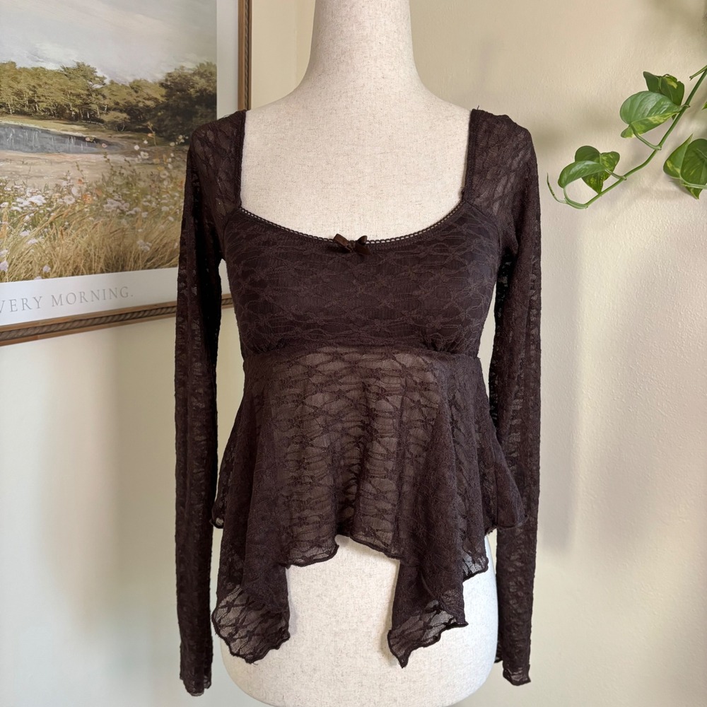 whimsygoth brown lace cottage long sleeve blouse handkerchief hem size XS